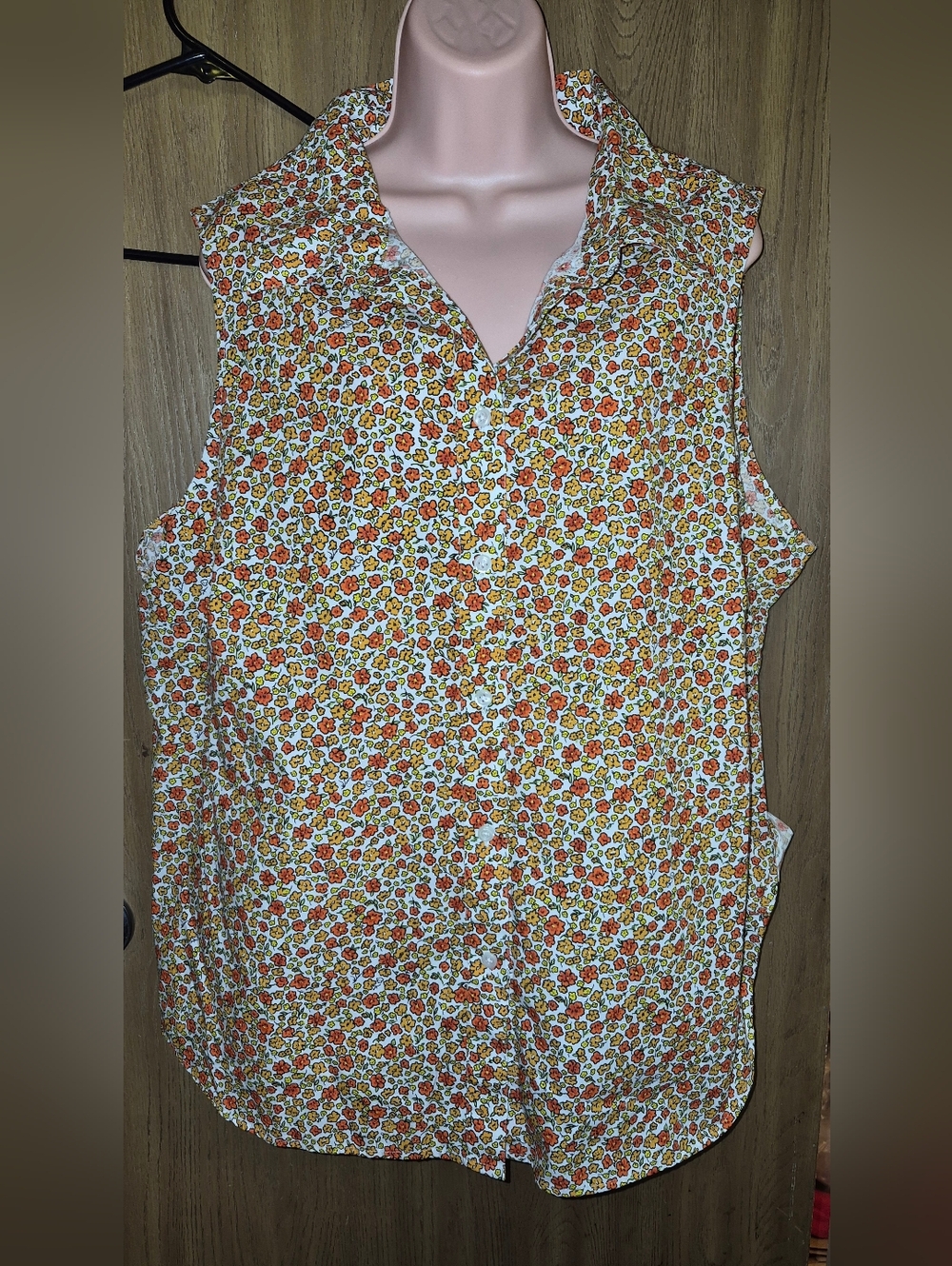 Retro Floral  Sleeveless Button Up Blouse Top Tank  Orange Yellow Vintage 24w 3x